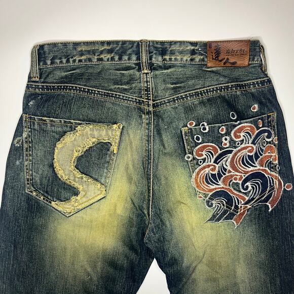 Japanese Big Train Relaxed Fit Distressed Mud Wash Embroidered Denim - Picture 6 of 9